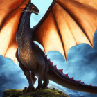 Majestic dragon perched on hill with spread wings