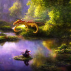 Colorful Mythical Dragon in Misty Forest with Purple Pond