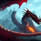 Majestic dragon with spread wings and fiery breath in mountain landscape