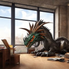 Dragon in cozy, book-filled study with mountain view and open book on desk