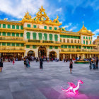 Colorful square with people and golden-trimmed building with ornate facades and pink neon dragon