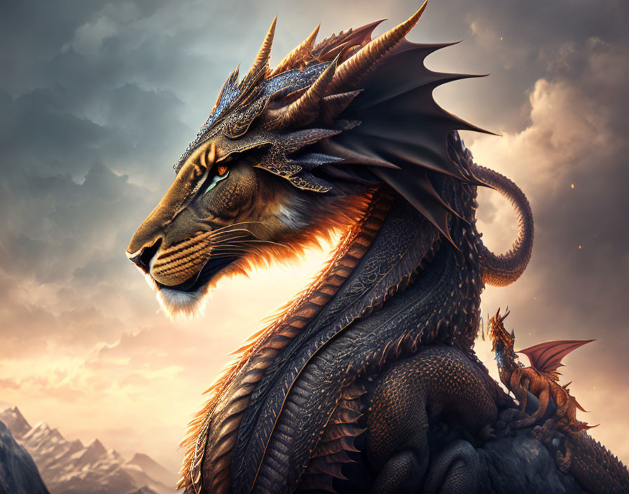 Majestic dragon with leonine mane and sharp spikes in dramatic mountainous scene