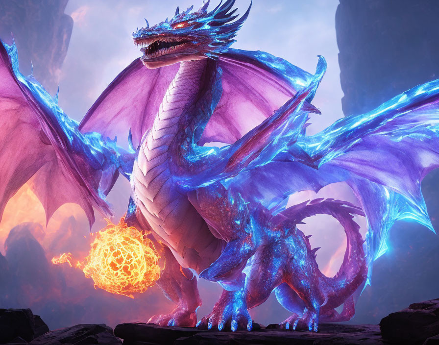 Blue dragon with glowing wings and fiery orb in volcanic landscape.