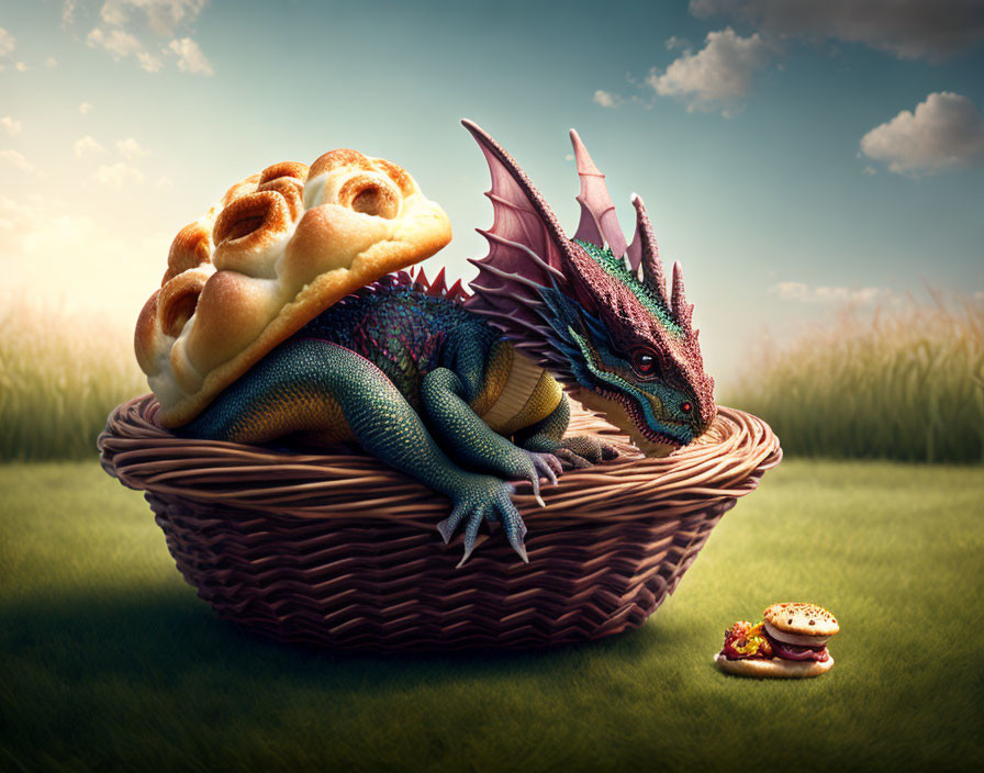 Colorful dragon in wicker basket with sandwich in sunny field