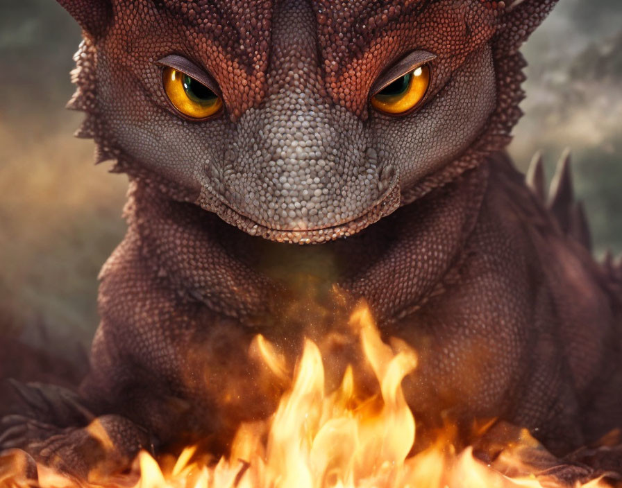 Detailed CGI dragon with fiery eyes and scales exhales flame in misty setting