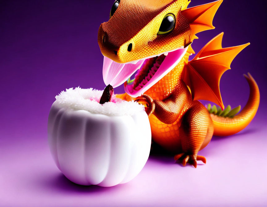 Animated orange dragon licking white pumpkin on purple background