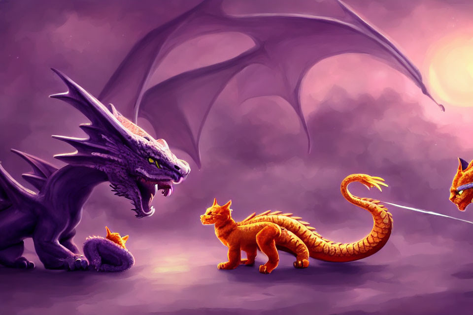 Illustration of roaring purple and orange dragons under a purple sky with wing silhouette