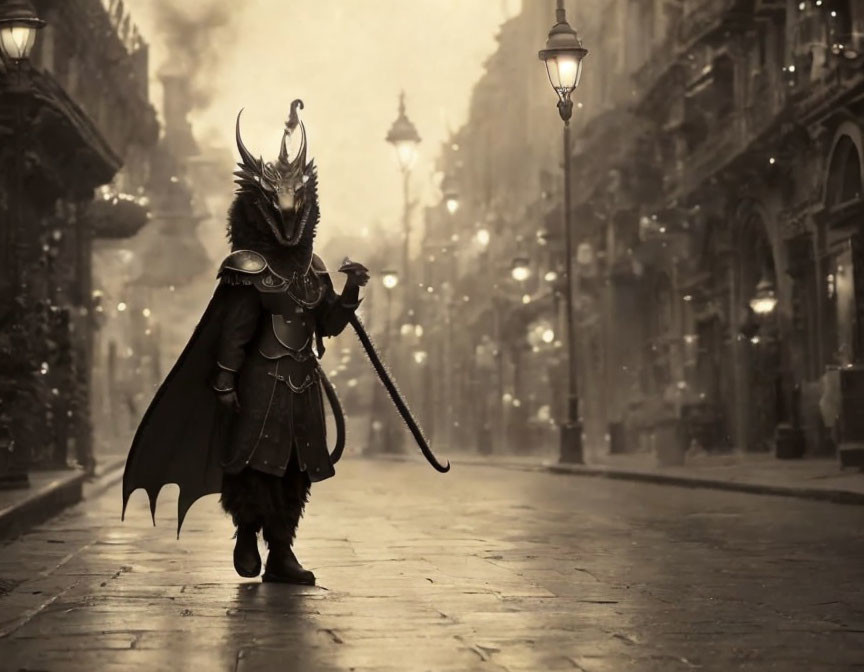 Elaborately armored figure with horned helmet strolls misty vintage street.