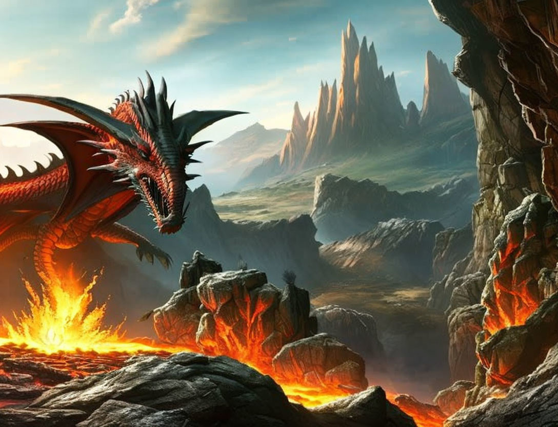 Red Dragon on Rocky Terrain with Molten Lava and Fantasy Landscape