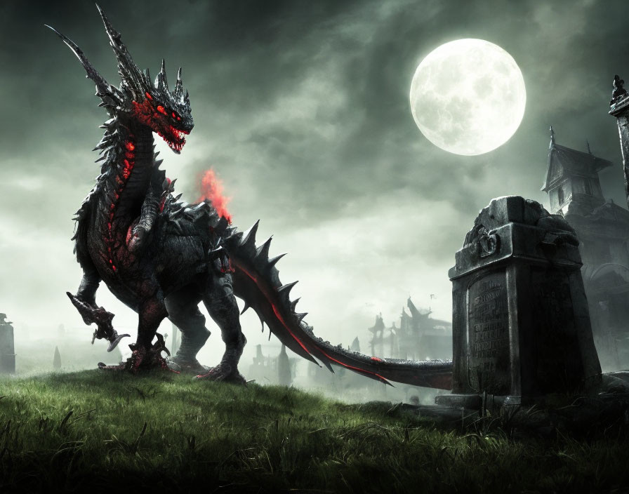 Majestic dragon in moonlit landscape with castle and gravestone