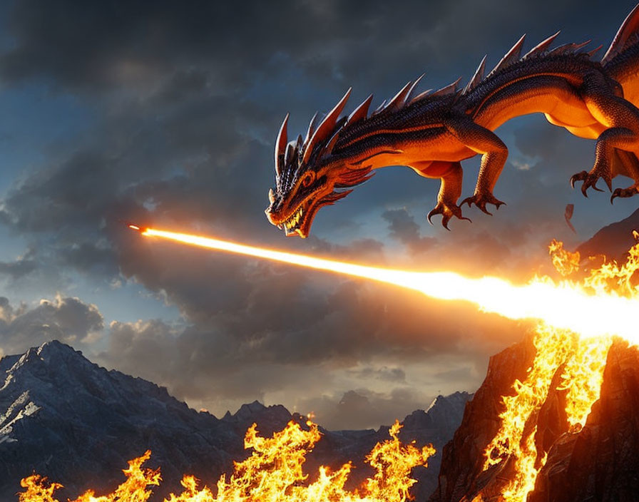 Majestic dragon breathing fire in dramatic mountainous landscape