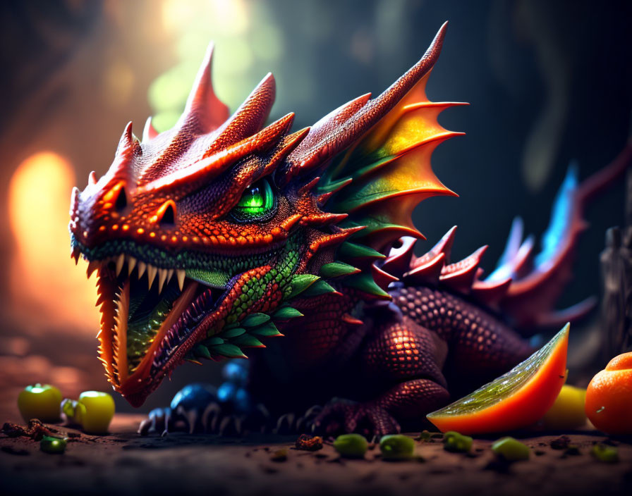 Fantasy dragon with green eyes in fiery candy world against dark backdrop