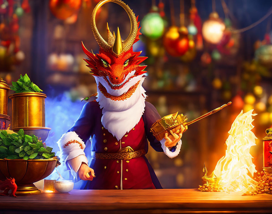 Dragon-headed chef cooking with flames among vegetables and lanterns