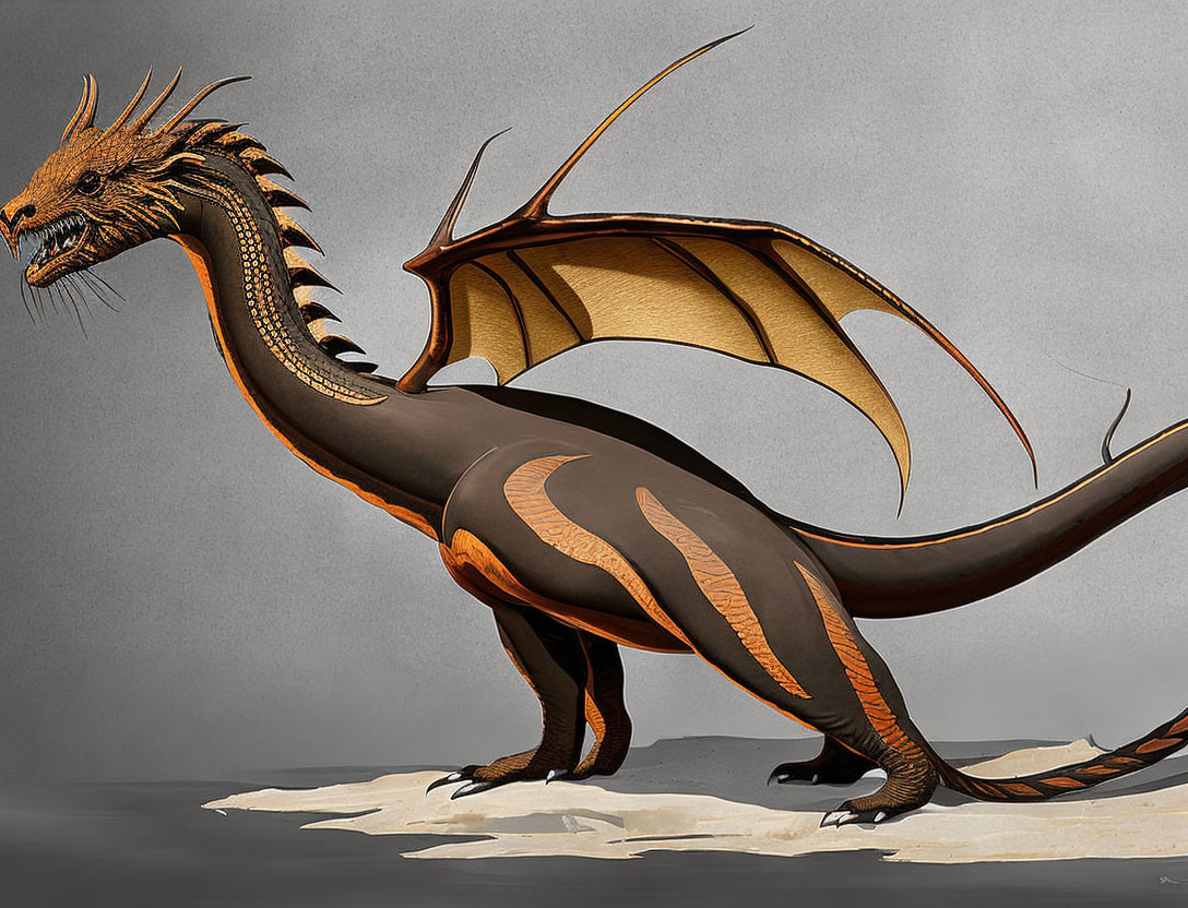 Majestic dragon with golden-brown wings and orange-striped body