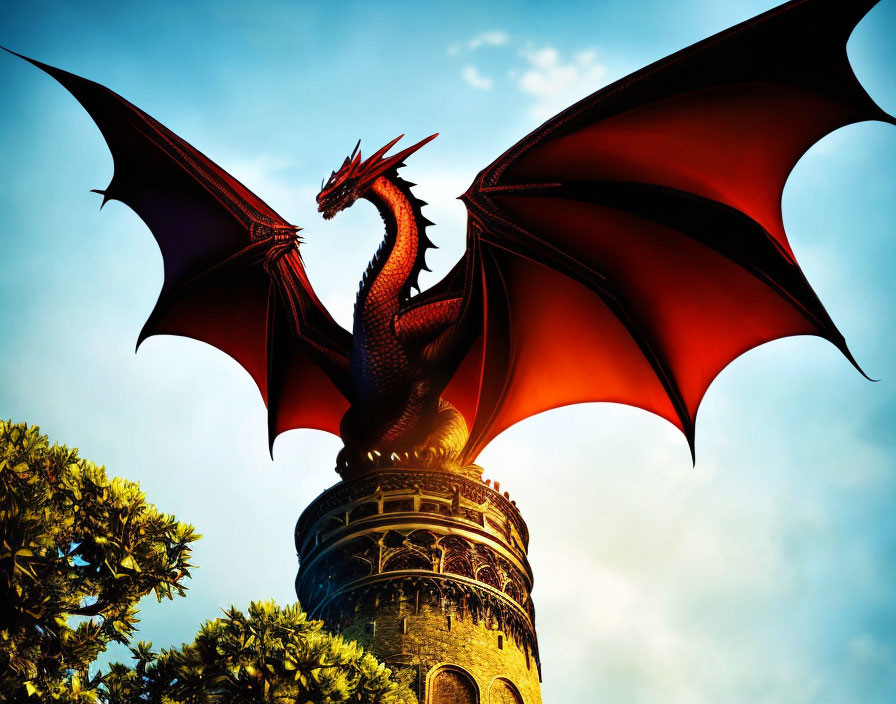 Red dragon perched on stone tower with outstretched wings