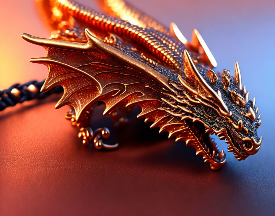 Detailed Metallic Dragon Figurine with Scales and Horns on Orange Background