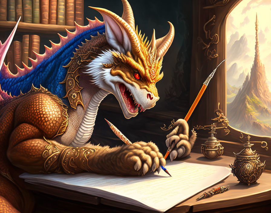 Mythical dragon writing with pencil on parchment on antique-filled desk