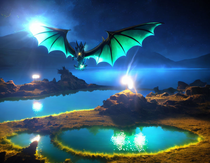 Majestic dragon with spread wings by luminous lake at night