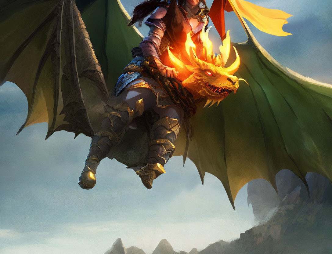 Armored warrior on flying dragon with fiery breath in cloudy sky