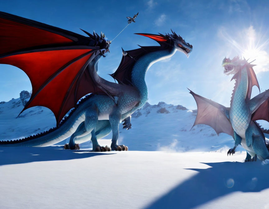 Blue and Red Dragons in Snowy Landscape with Flying Figure