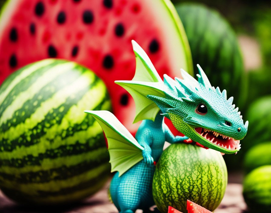 Toy Dragon Among Watermelons with Matching Skin Texture