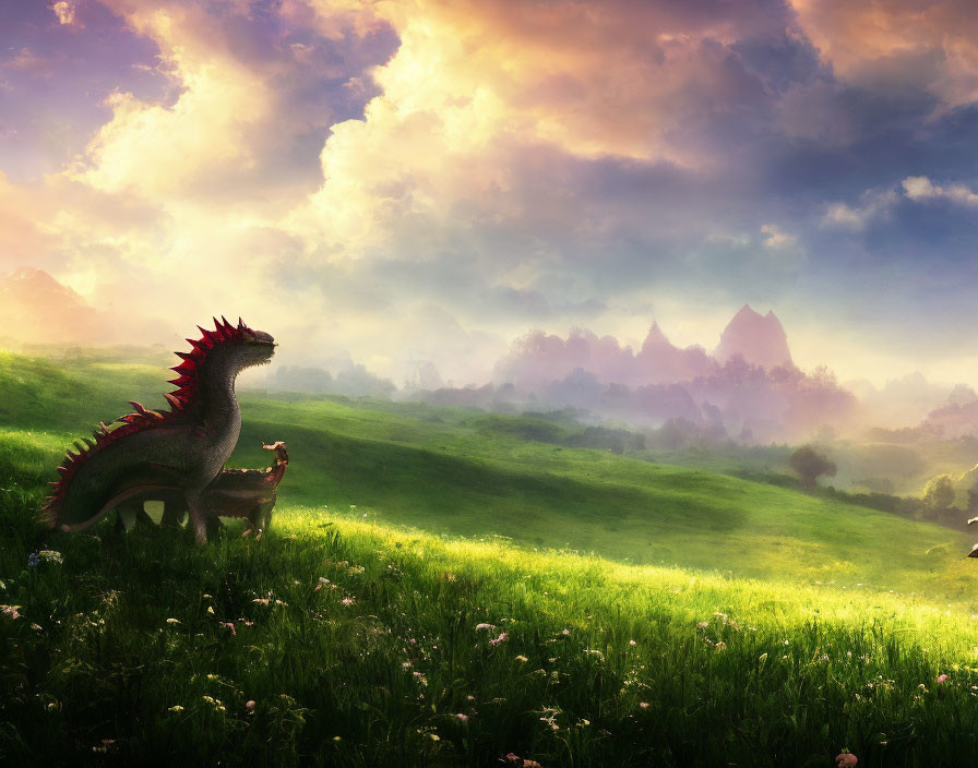 Dragon and young girl on lush green hill with misty fairytale landscape at sunrise