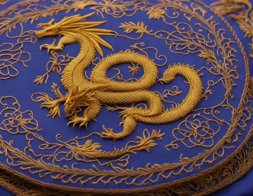 Golden Dragon Embroidery on Royal Blue Background - Traditional Asian Artistry