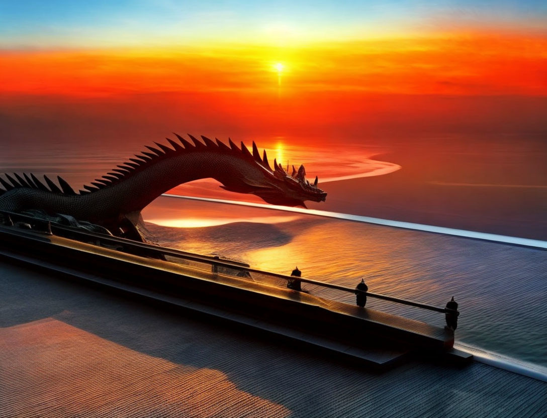 Dragon Sculpture Over Water at Sunset with Orange and Blue Skies