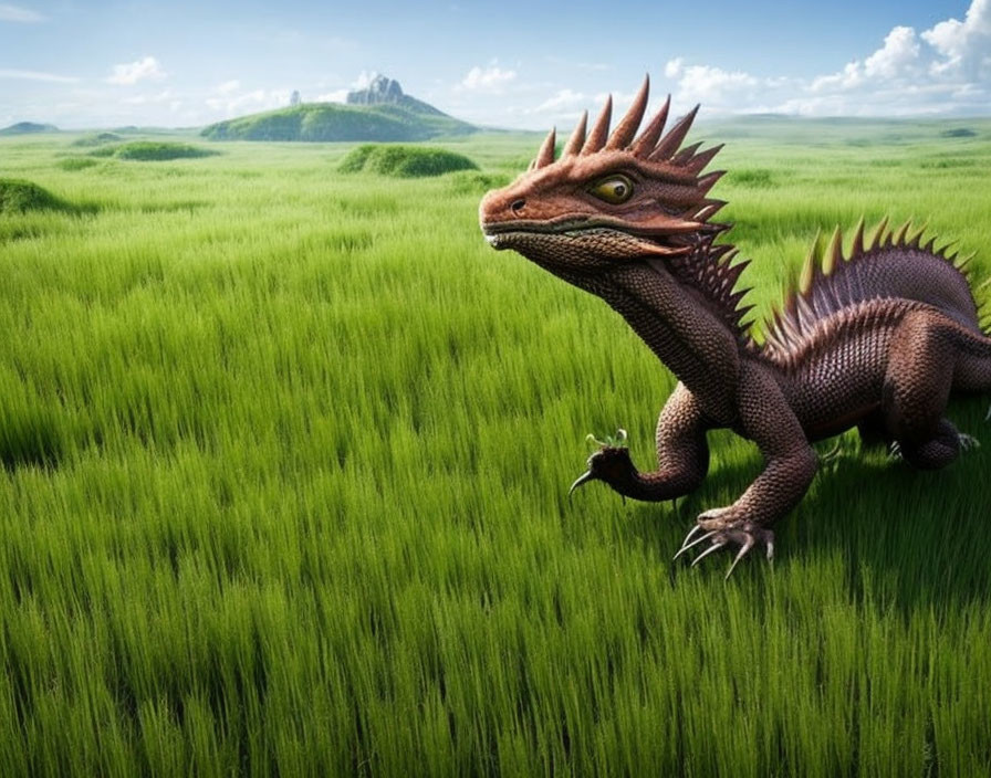 Brown dragon with spiky ridges in green field with hills