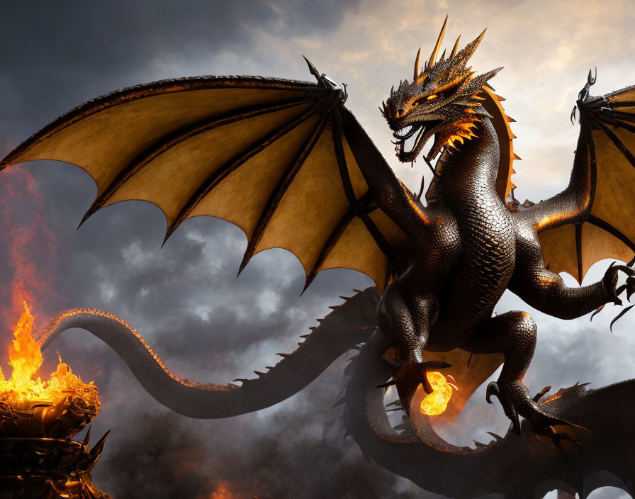 Black Dragon with Spread Wings and Fiery Breath in Tumultuous Sky