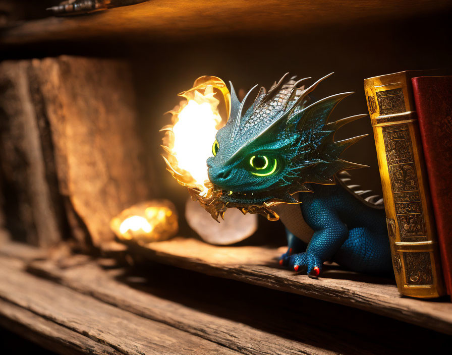 Blue Dragon Figurine Breathing Fire on Wooden Shelf