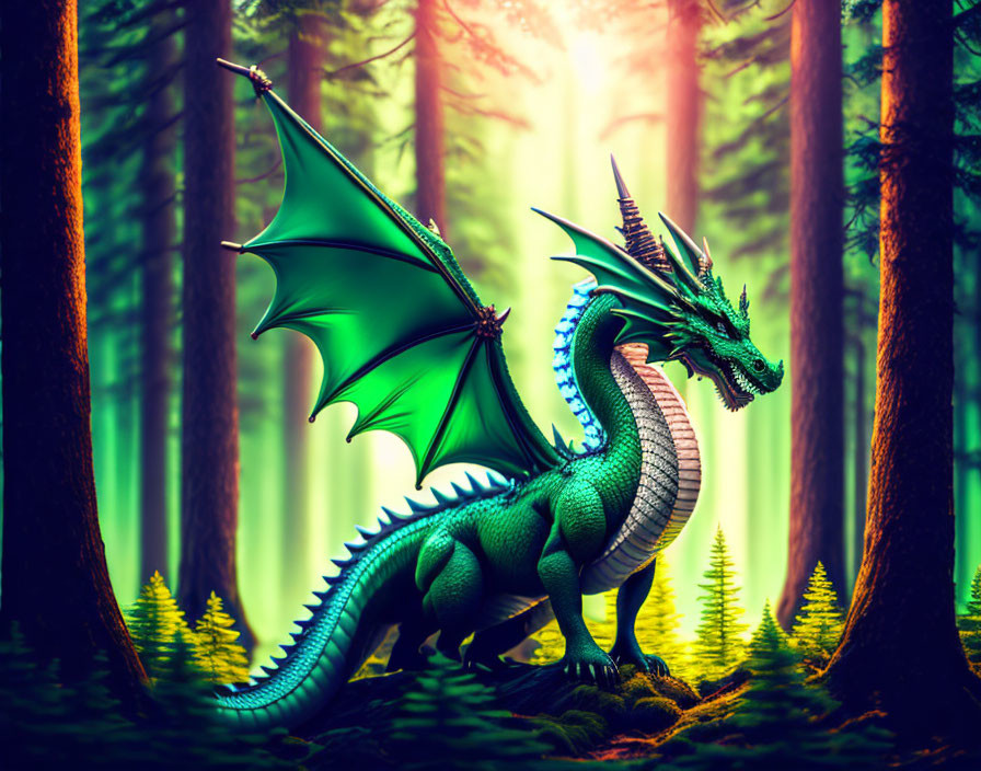 Majestic green dragon in sunlit forest clearing