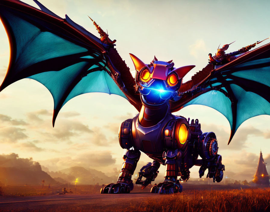 Robotic dragon with glowing eyes in sunset landscape