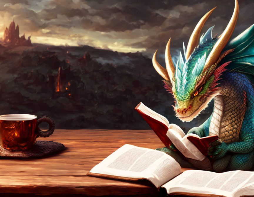 Blue and Green Dragon Reading Book with Tea in Fantasy Landscape