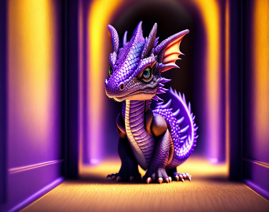 Intricately detailed purple dragon in glowing corridor with arched doorways