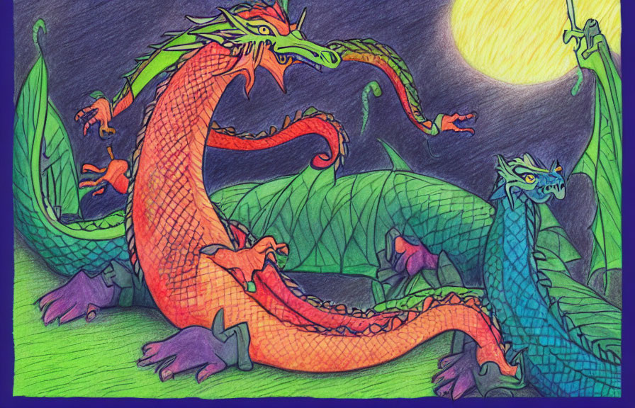 Vibrant hand-drawn illustration of colorful dragons under yellow moon