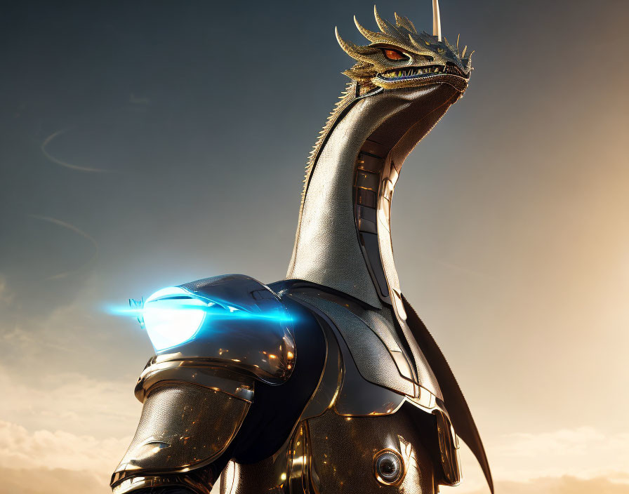 Futuristic dragon in armor with glowing blue energy weapon at sunset