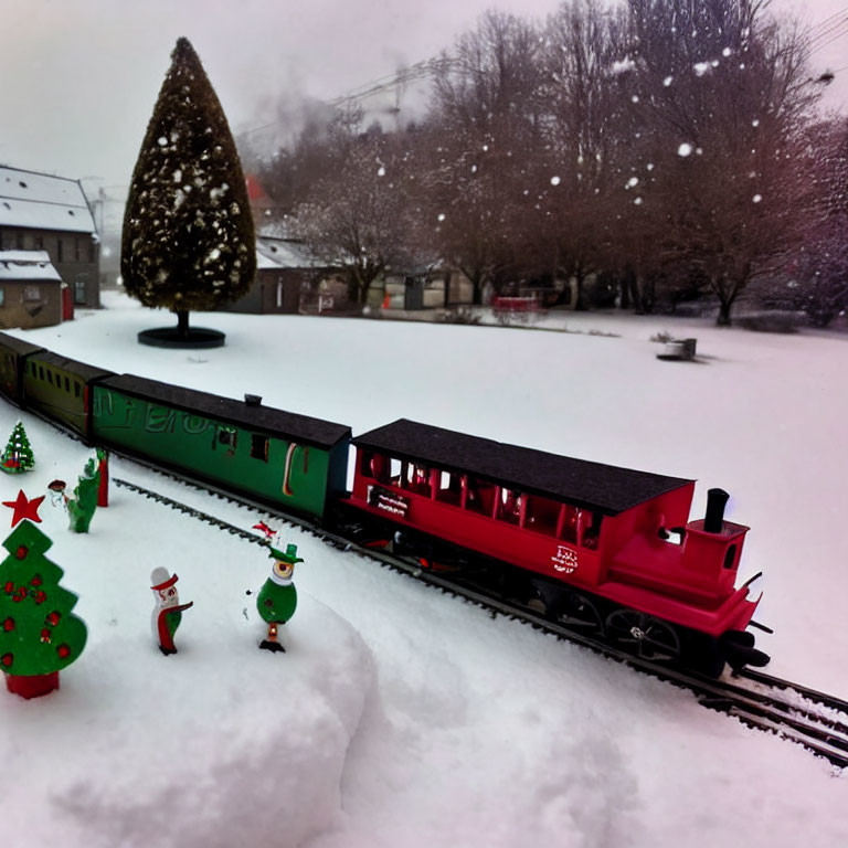 Winter scene with model train and Christmas decorations