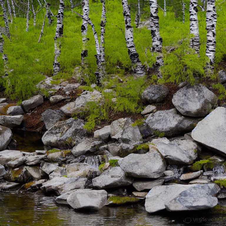 Tranquil forest scene with birch trees, rocky shore, and lush greenery reflected in calm