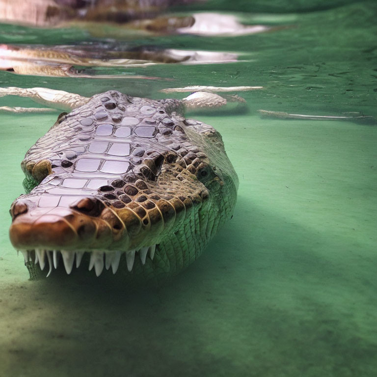Alligator head with sharp teeth in murky green water