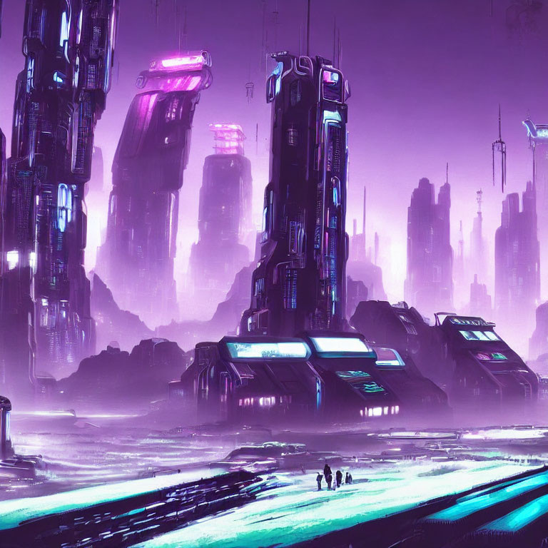 Futuristic cityscape with figures under purple sky