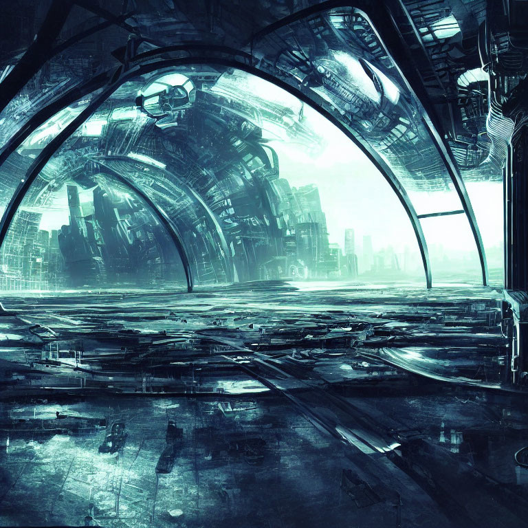 Futuristic Dome Interior with Metallic Panels and Glass in Sci-Fi Cityscape