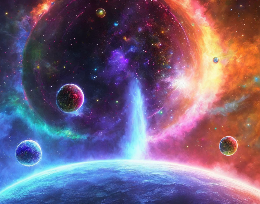 Colorful cosmic scene with large planet and celestial bodies