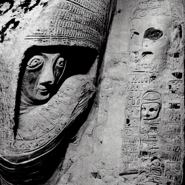 Detailed Egyptian Sarcophagi Carvings and Hieroglyphs