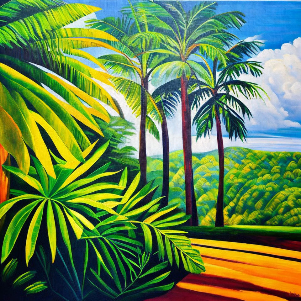 Vibrant tropical landscape painting with lush palm trees and blue sky