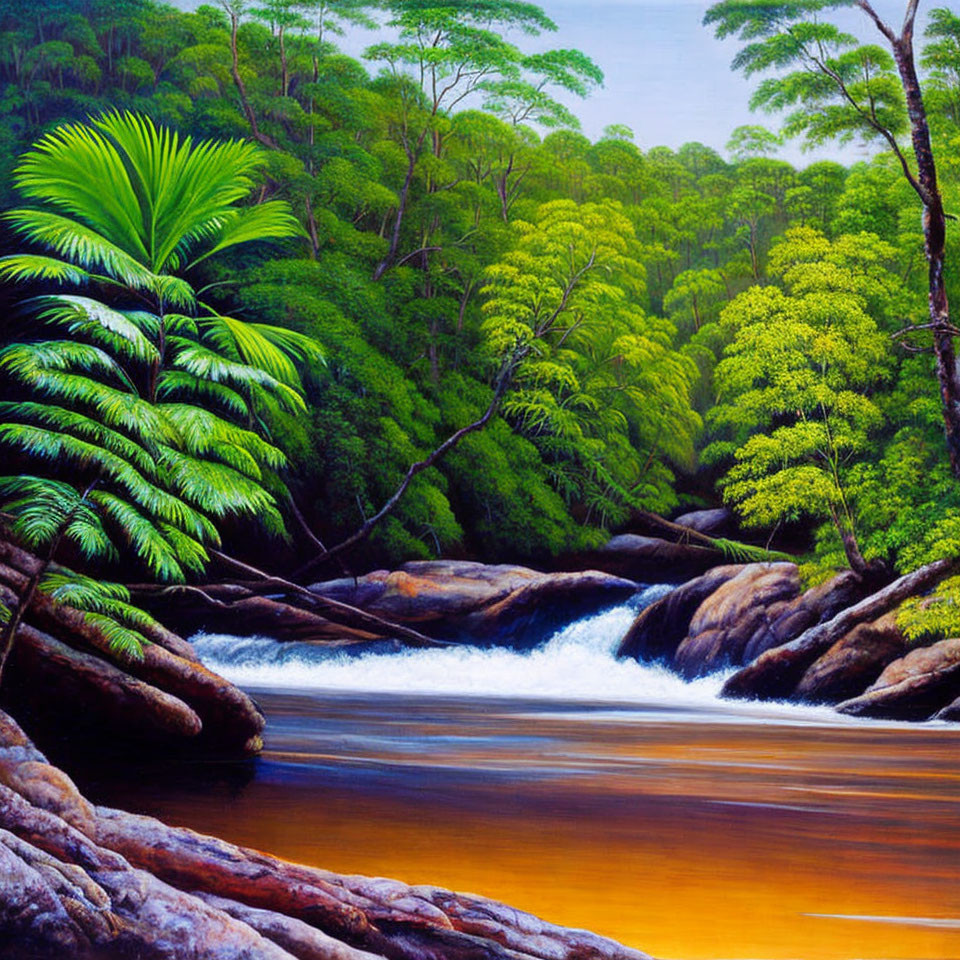 Serene river painting with lush green foliage