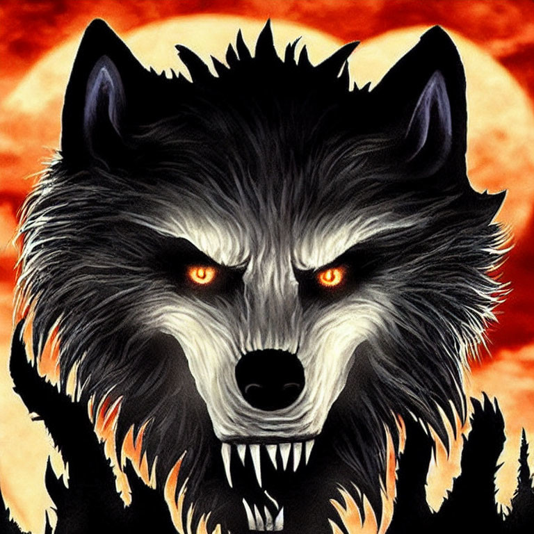 Snarling wolf illustration with glowing red eyes and fiery background