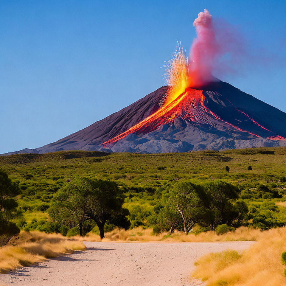 Volcano erupts spewing lava and ash over dirt path and green shrubbery