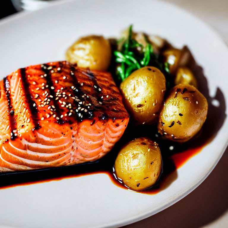 Sesame-Crusted Grilled Salmon with Herbed Potatoes and Green Vegetable, Dark Sauce