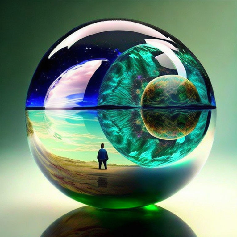 Person standing before large surreal glass sphere reflecting cosmic and earthly landscapes